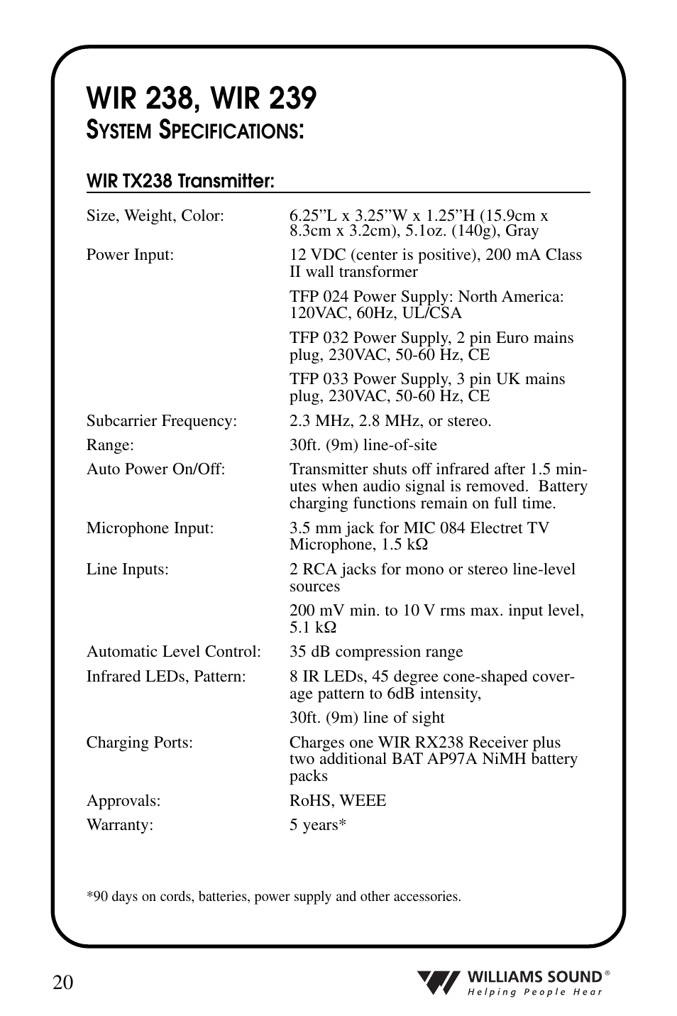 Williams Sound WIR 239 User Manual | Page 20 / 24