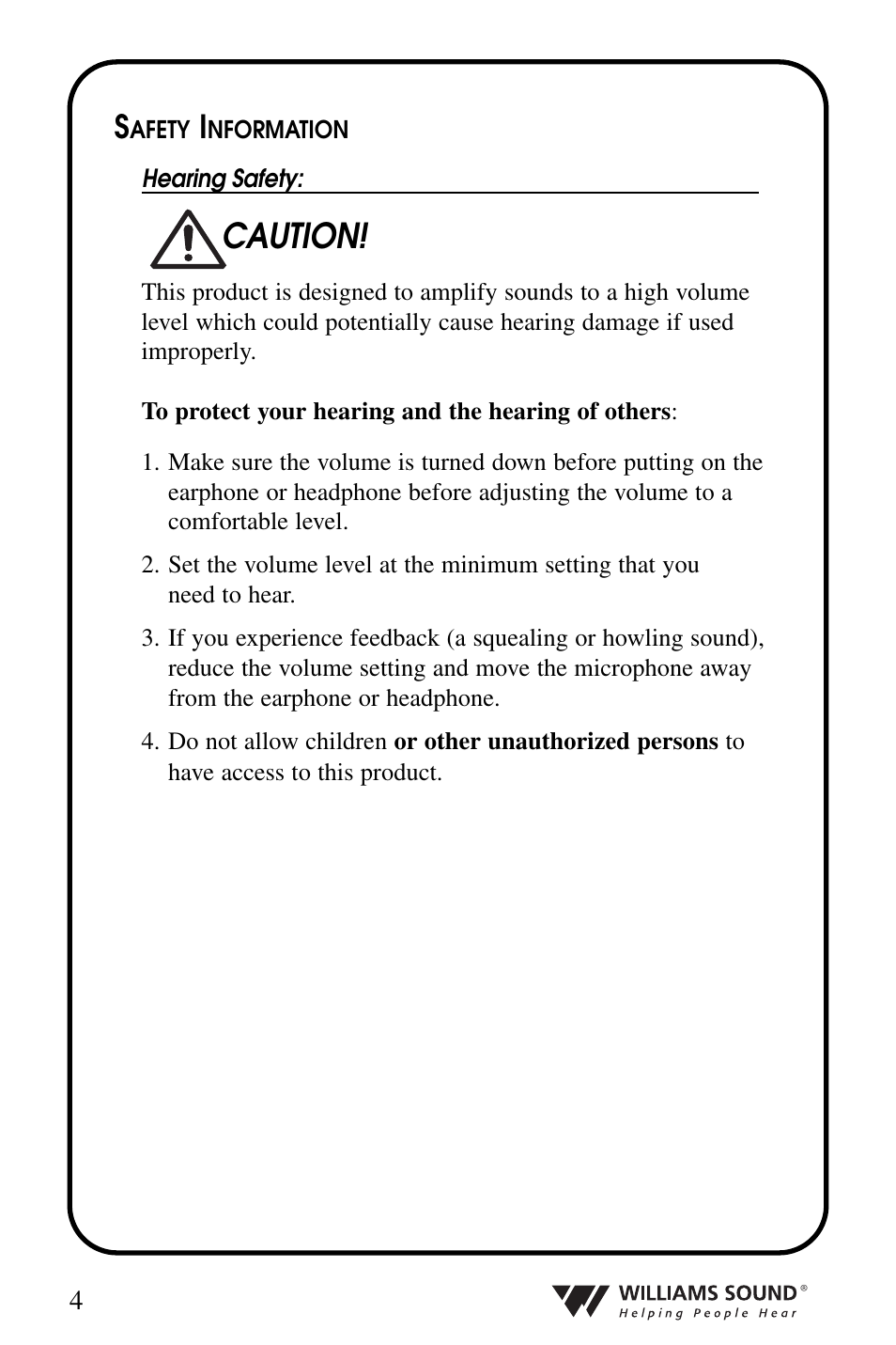 Caution | Williams Sound WIR 239 User Manual | Page 4 / 24