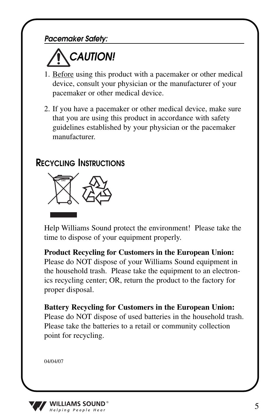 Caution | Williams Sound WIR 239 User Manual | Page 5 / 24