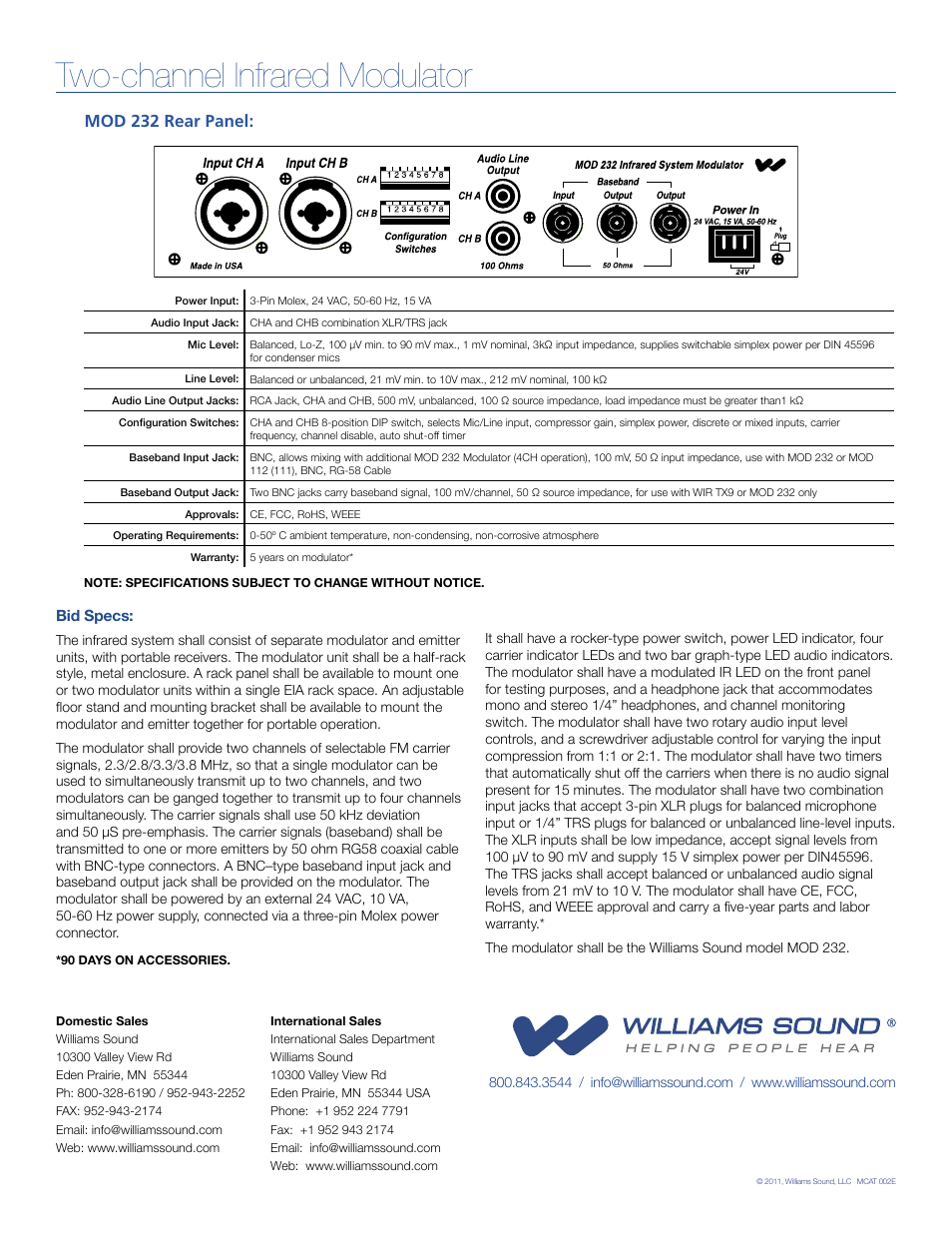 Two-channel infrared modulator, Mod 232 rear panel | Williams Sound Two Channel Infrared Modulator MOD 232 User Manual | Page 3 / 3