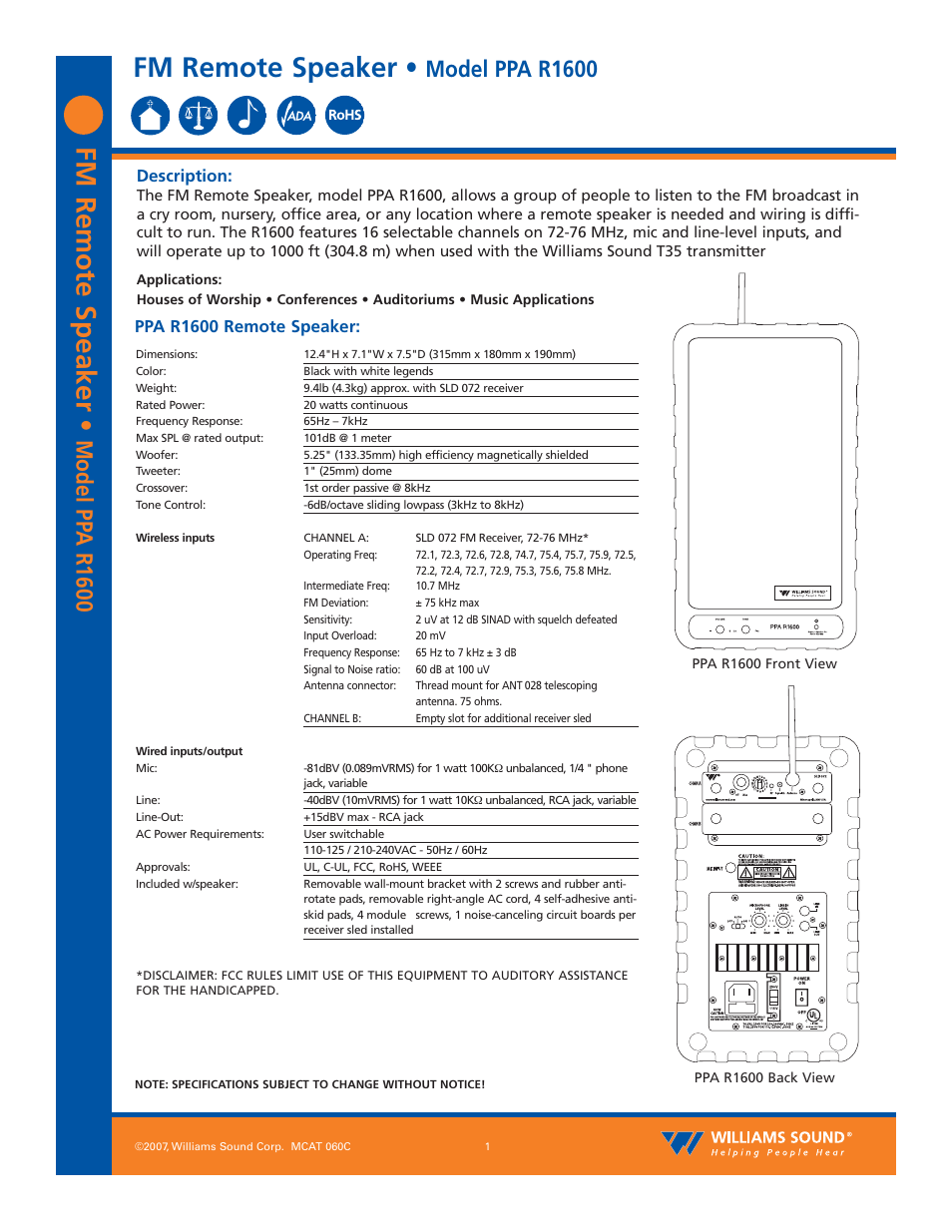 Williams Sound PPA R1600 User Manual | 3 pages