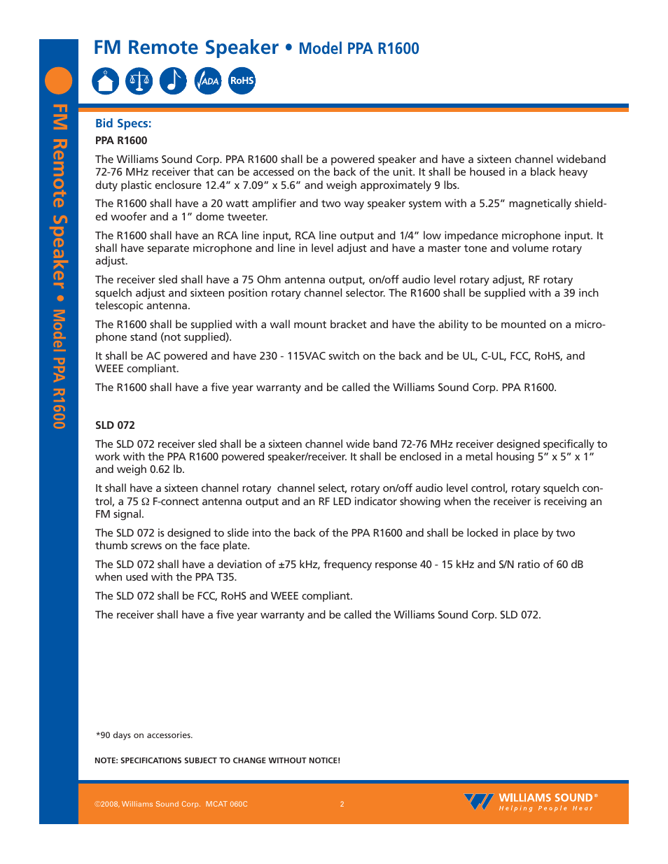 Fm remote speaker, Model pp a r1600, Model ppa r1600 | Williams Sound PPA R1600 User Manual | Page 2 / 3