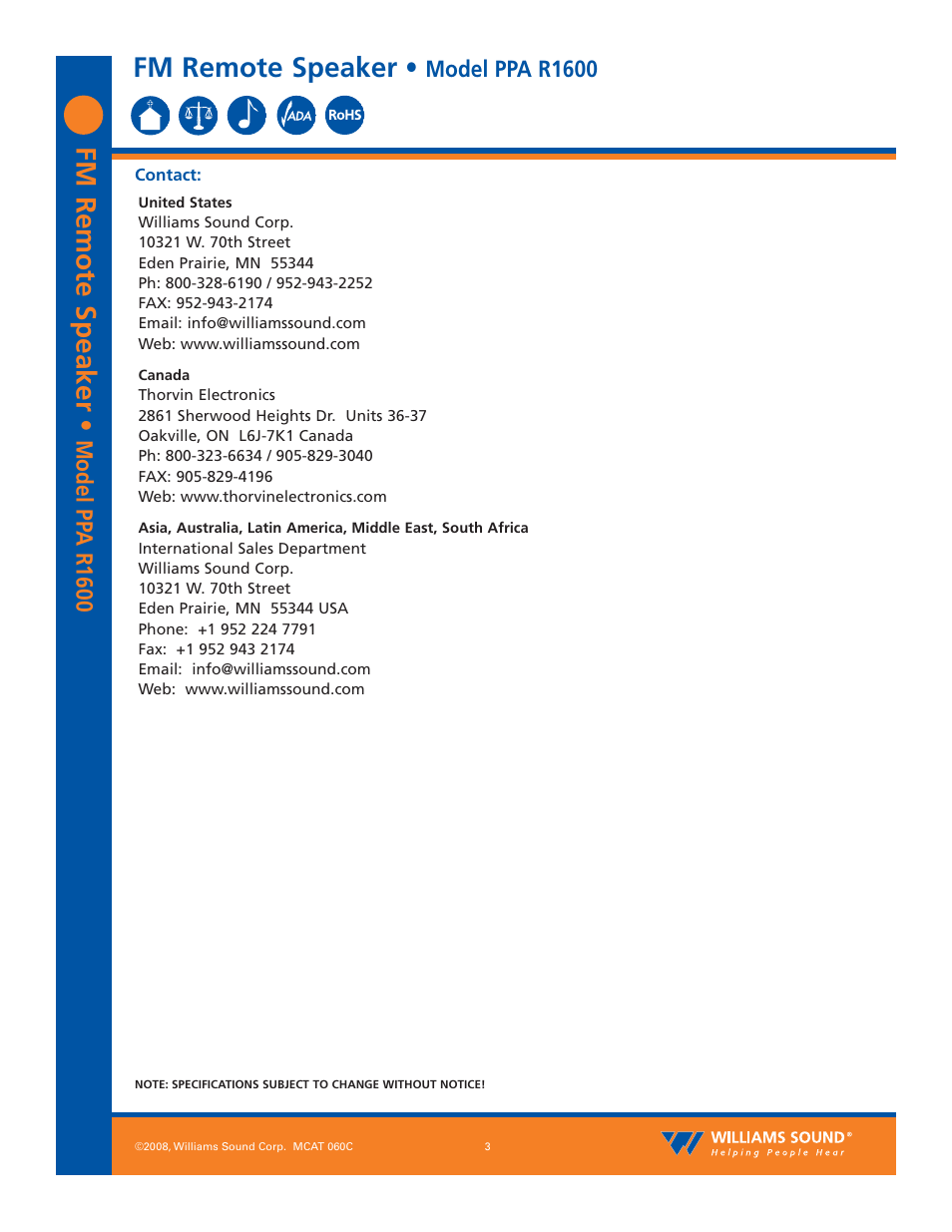 Fm remote speaker, Model pp a r1600, Model ppa r1600 | Williams Sound PPA R1600 User Manual | Page 3 / 3
