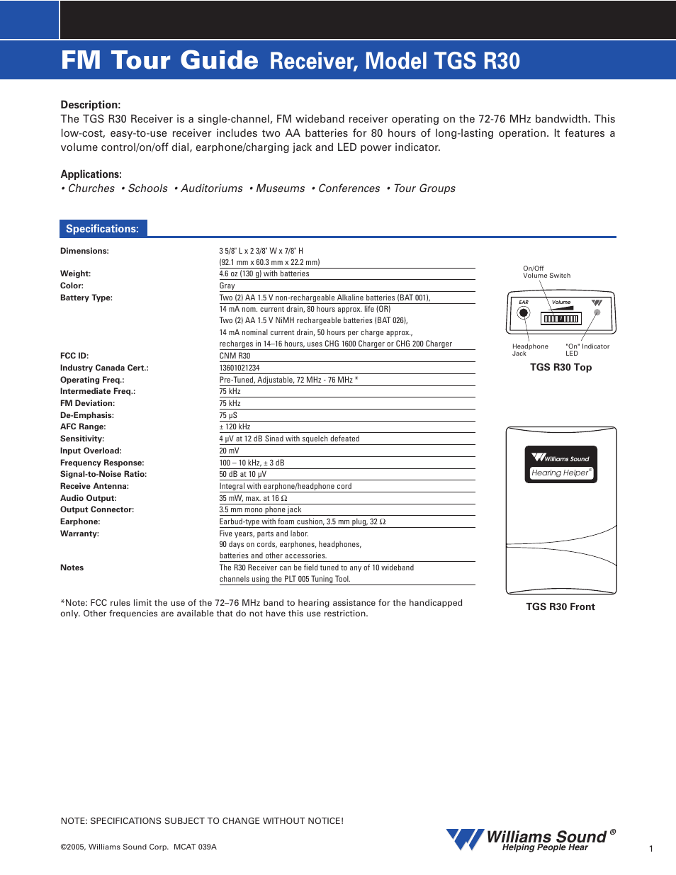 Williams Sound TGS R30 User Manual | 3 pages