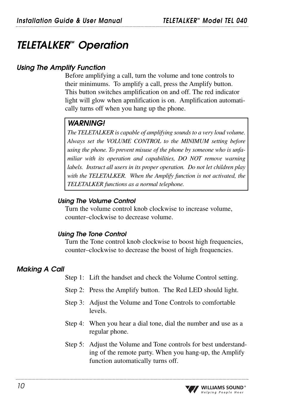 Teletalker, Operation | Williams Sound TEL 040 User Manual | Page 10 / 16