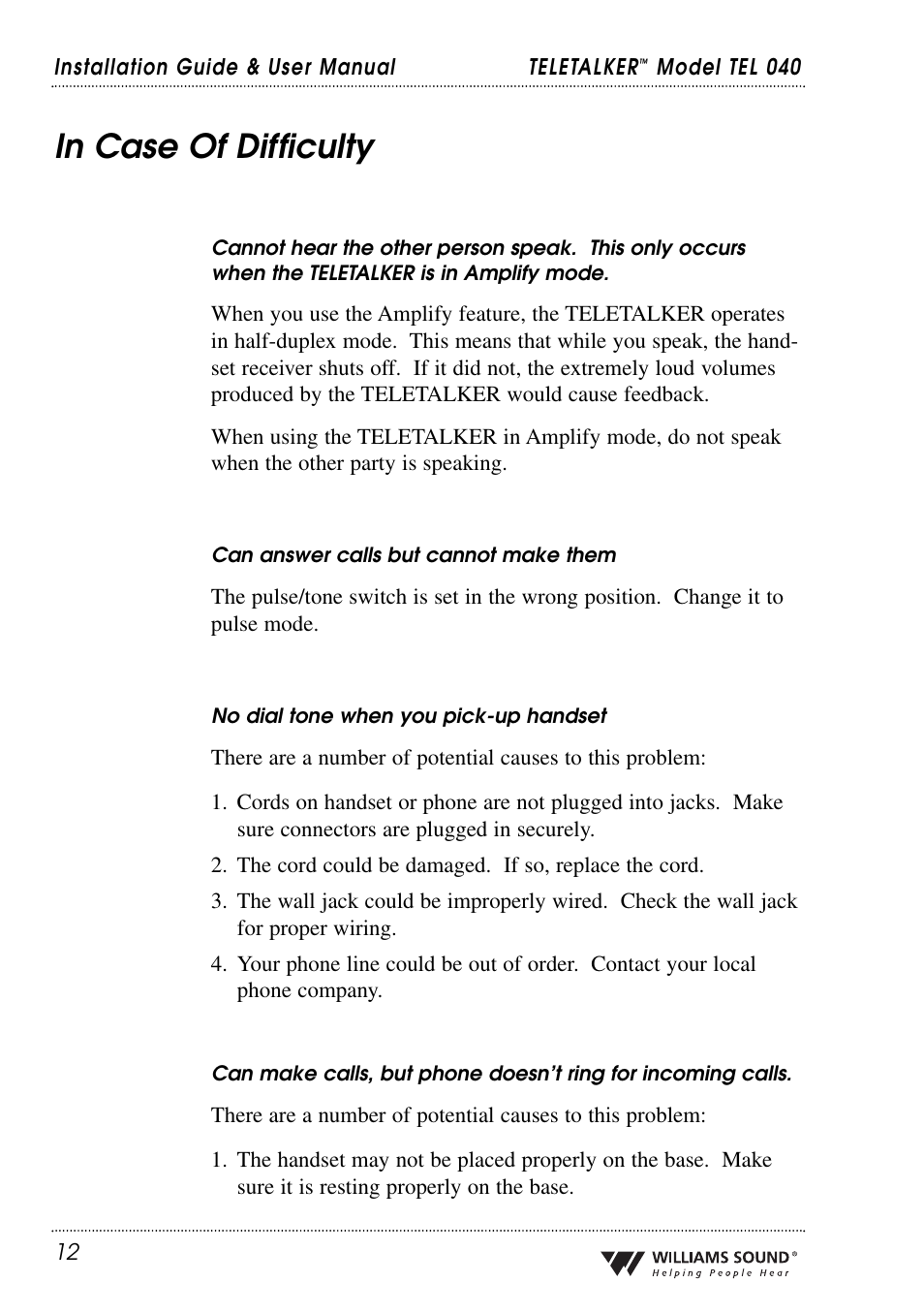 Williams Sound TEL 040 User Manual | Page 12 / 16