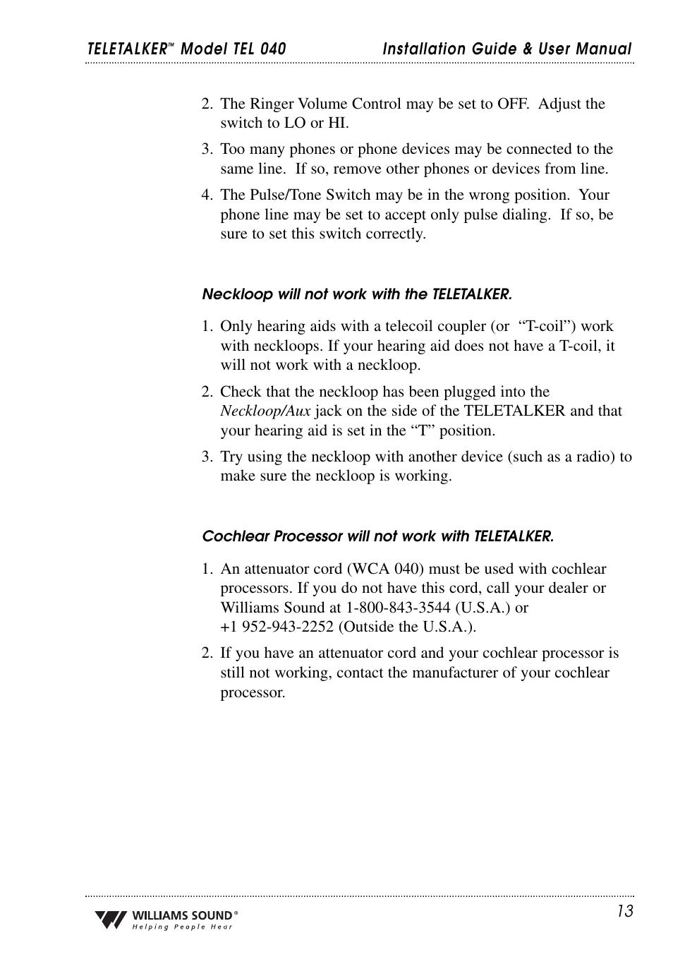 Williams Sound TEL 040 User Manual | Page 13 / 16