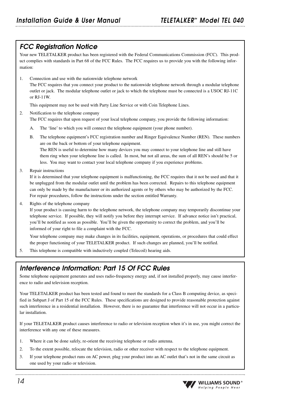 Installation guide & user manual teletalker, Interference information: part 15 of fcc rules | Williams Sound TEL 040 User Manual | Page 14 / 16