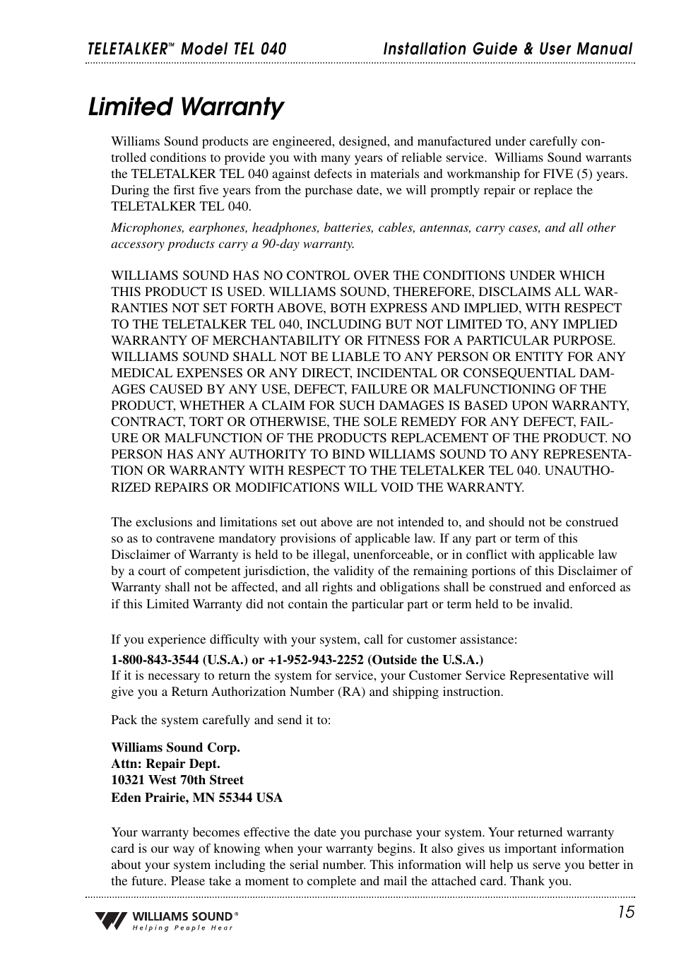 Limited warranty | Williams Sound TEL 040 User Manual | Page 15 / 16