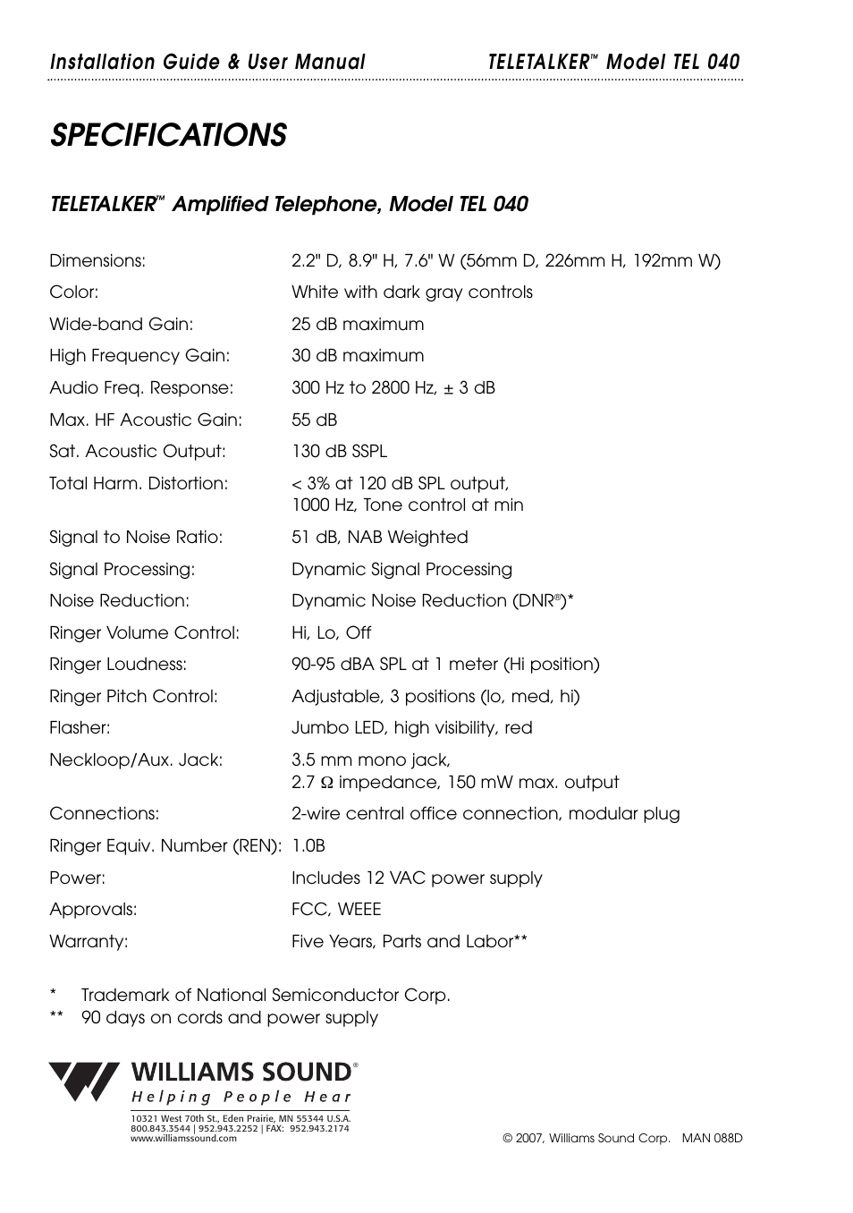 Specifications, Installation guide & user manual teletalker, Model tel 040 | Teletalker, Amplified telephone, model tel 040 | Williams Sound TEL 040 User Manual | Page 16 / 16