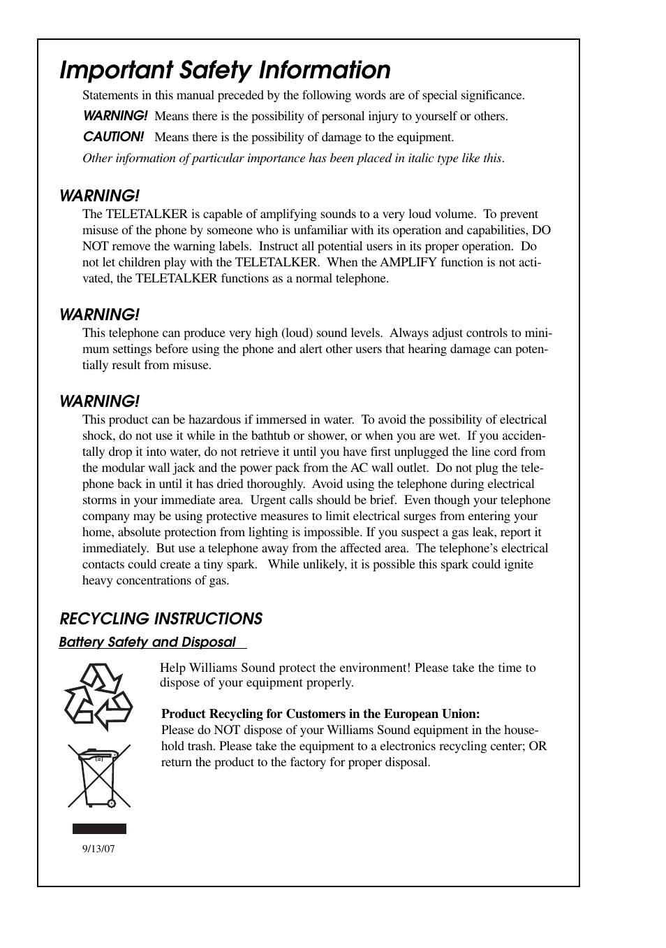 Important safety information | Williams Sound TEL 040 User Manual | Page 2 / 16