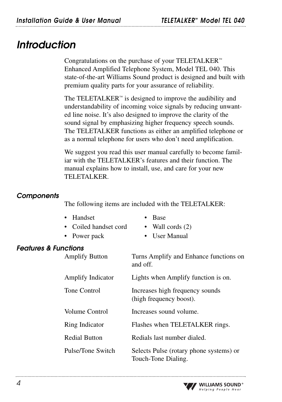 Introduction | Williams Sound TEL 040 User Manual | Page 4 / 16