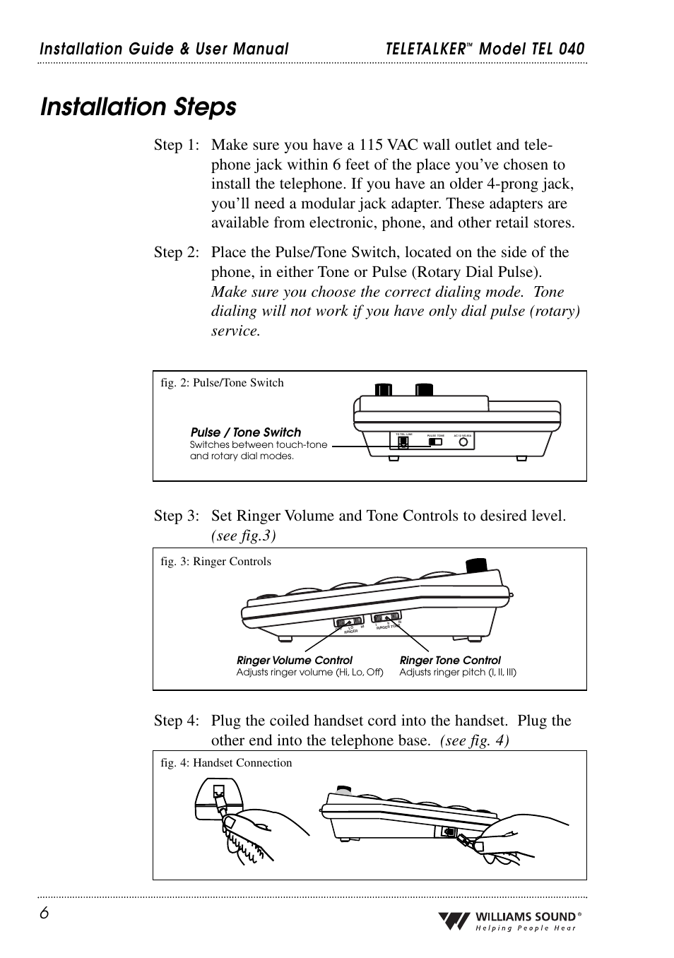 Installation steps, Installation guide & user manual teletalker, Model tel 040 6 | Williams Sound TEL 040 User Manual | Page 6 / 16