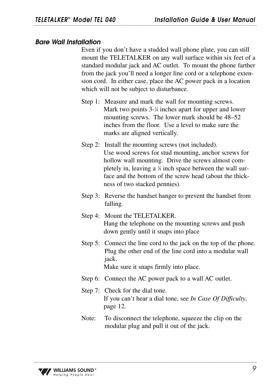 Williams Sound TEL 040 User Manual | Page 9 / 16