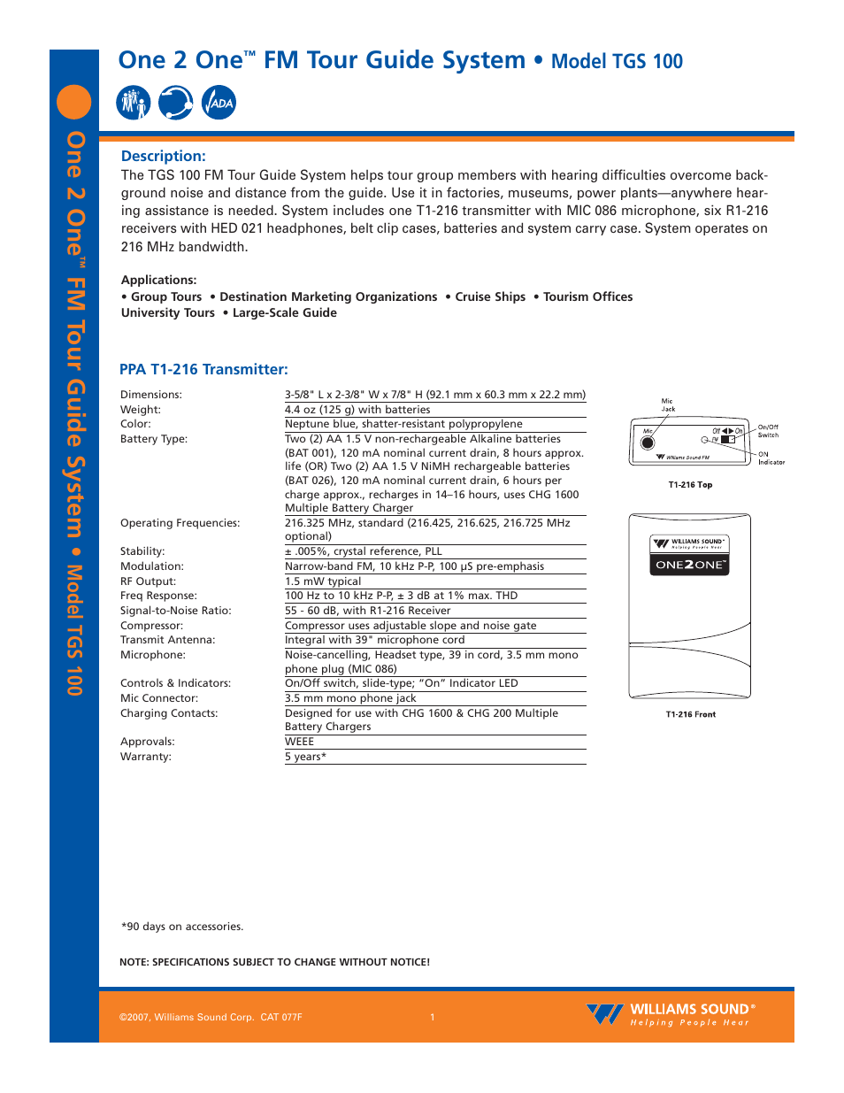 Williams Sound One2One FM Tour Guide System TGS 100 User Manual | 4 pages