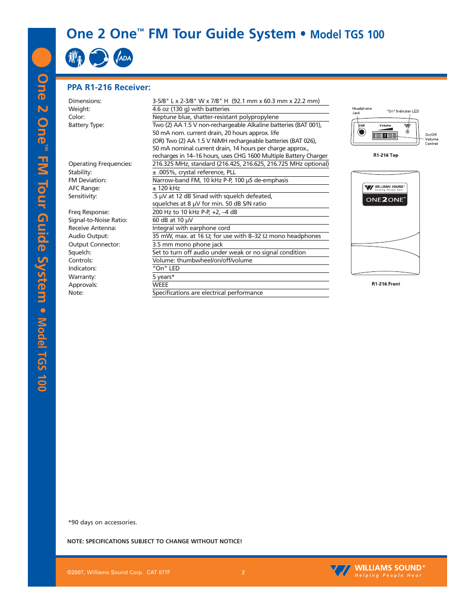 One 2 one, Fm t our guide system, Fm tour guide system | Model tgs 100 | Williams Sound One2One FM Tour Guide System TGS 100 User Manual | Page 2 / 4