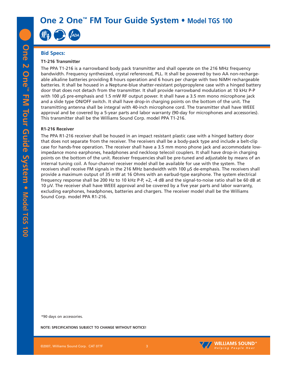 One 2 one, Fm t our guide system, Fm tour guide system | Model tgs 100 | Williams Sound One2One FM Tour Guide System TGS 100 User Manual | Page 3 / 4