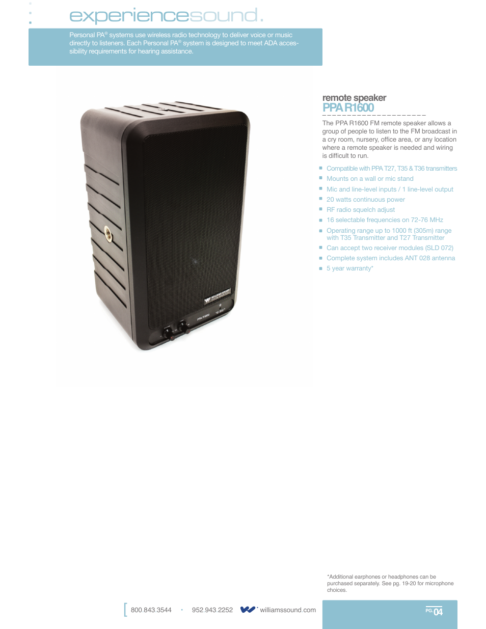 Experience sound, Ppa r1600, Remote speaker | Williams Sound PPA 375 User Manual | Page 2 / 2