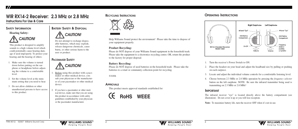 Williams Sound WIR RX14-2 User Manual | 2 pages