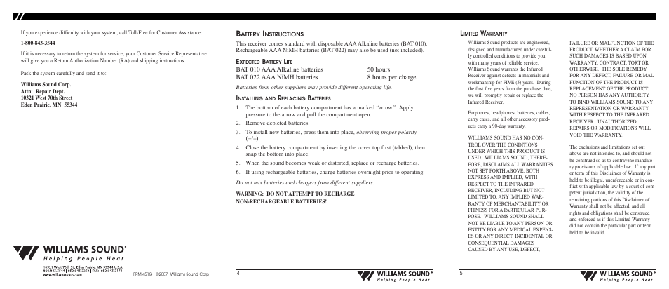 Williams Sound WIR RX14-2 User Manual | Page 2 / 2