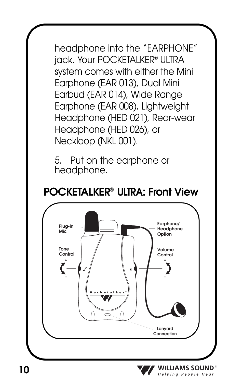 Pocketalker, Ultra: front view | Williams Sound POCKETALKER PKT D1 User Manual | Page 10 / 80