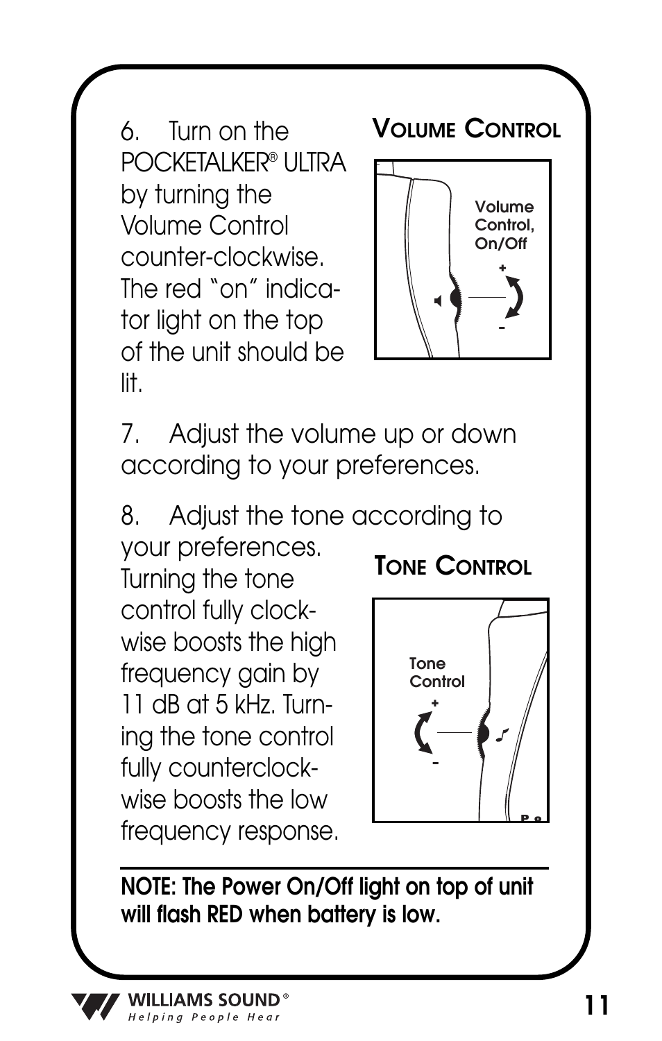 11 6. turn on the pocketalker | Williams Sound POCKETALKER PKT D1 User Manual | Page 11 / 80