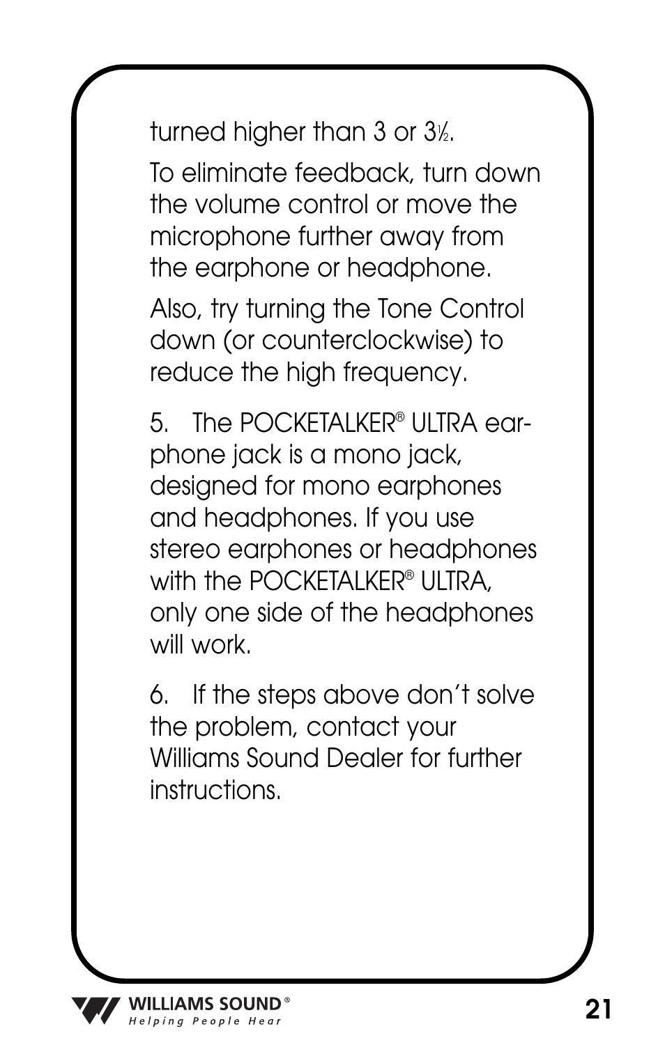 21 turned higher than 3 or 3 | Williams Sound POCKETALKER PKT D1 User Manual | Page 21 / 80