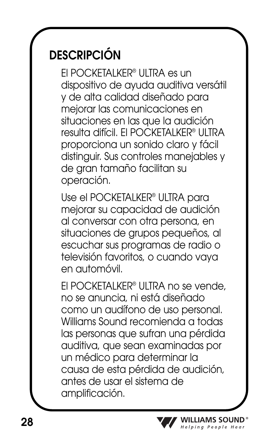 Descripción | Williams Sound POCKETALKER PKT D1 User Manual | Page 28 / 80