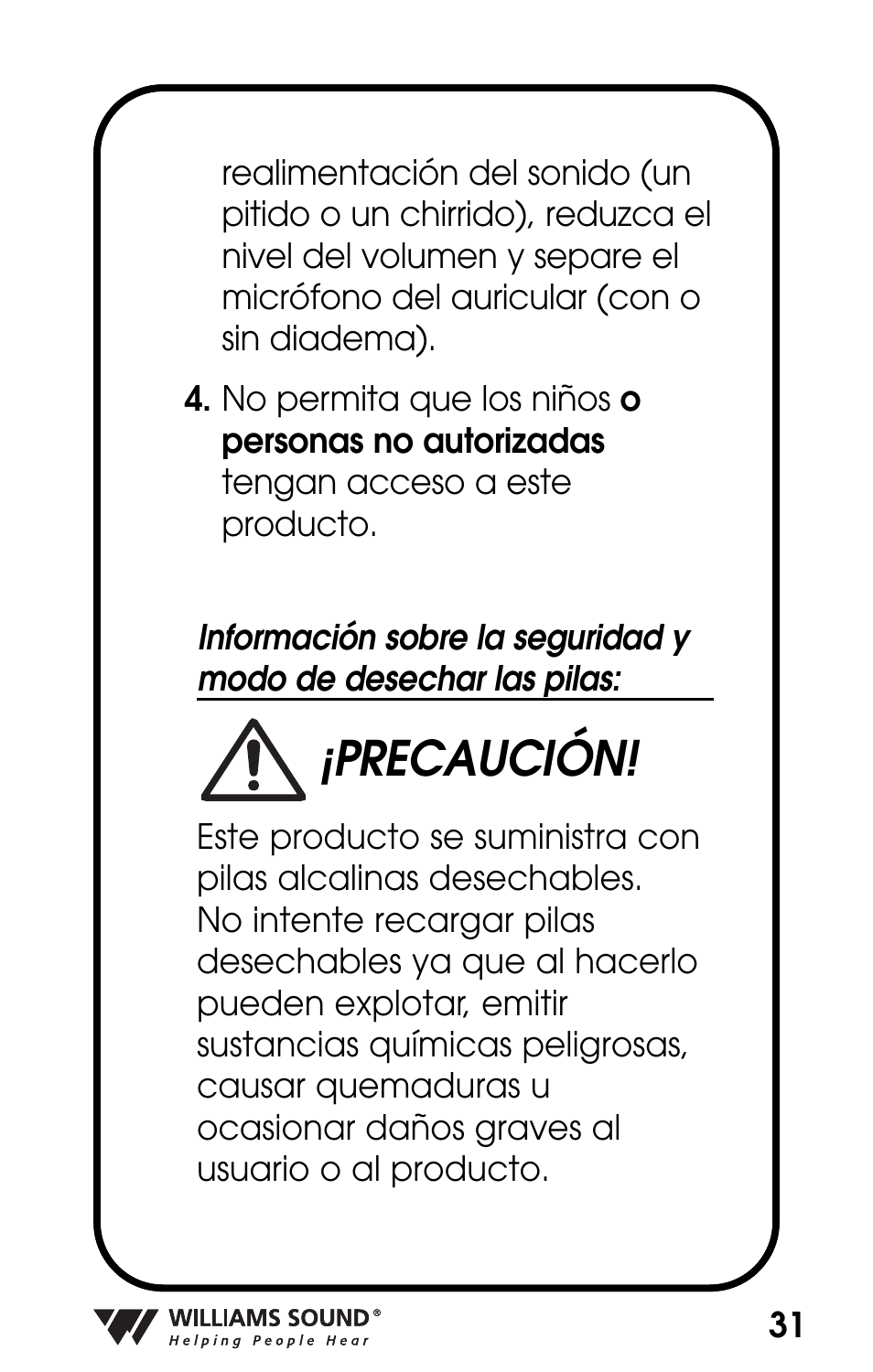 Precaución | Williams Sound POCKETALKER PKT D1 User Manual | Page 31 / 80