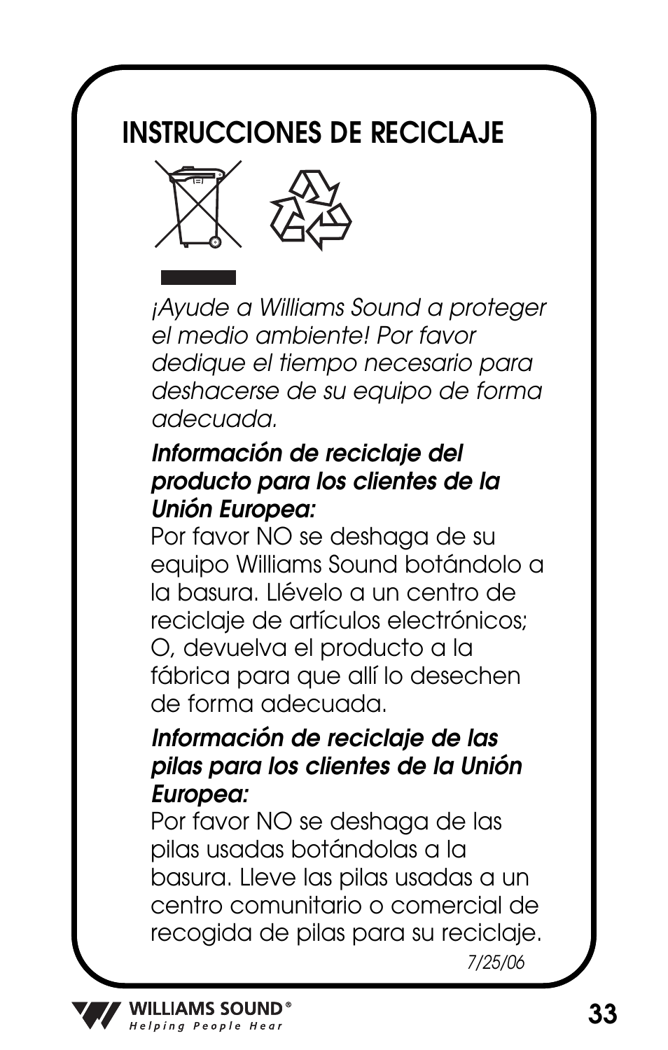 Instrucciones de reciclaje | Williams Sound POCKETALKER PKT D1 User Manual | Page 33 / 80