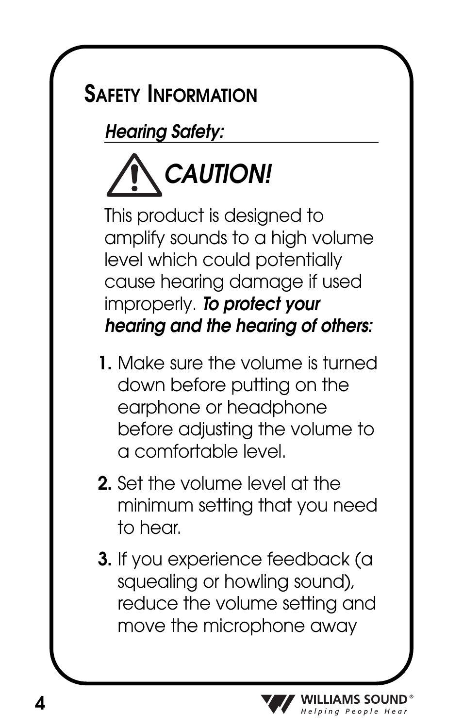 Caution | Williams Sound POCKETALKER PKT D1 User Manual | Page 4 / 80