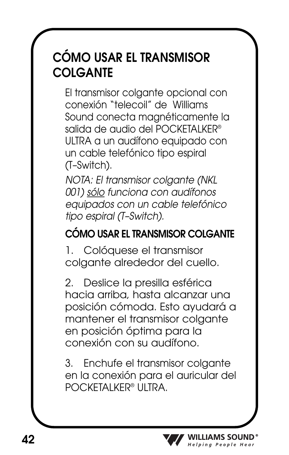 Cómo usar el transmisor colgante | Williams Sound POCKETALKER PKT D1 User Manual | Page 42 / 80