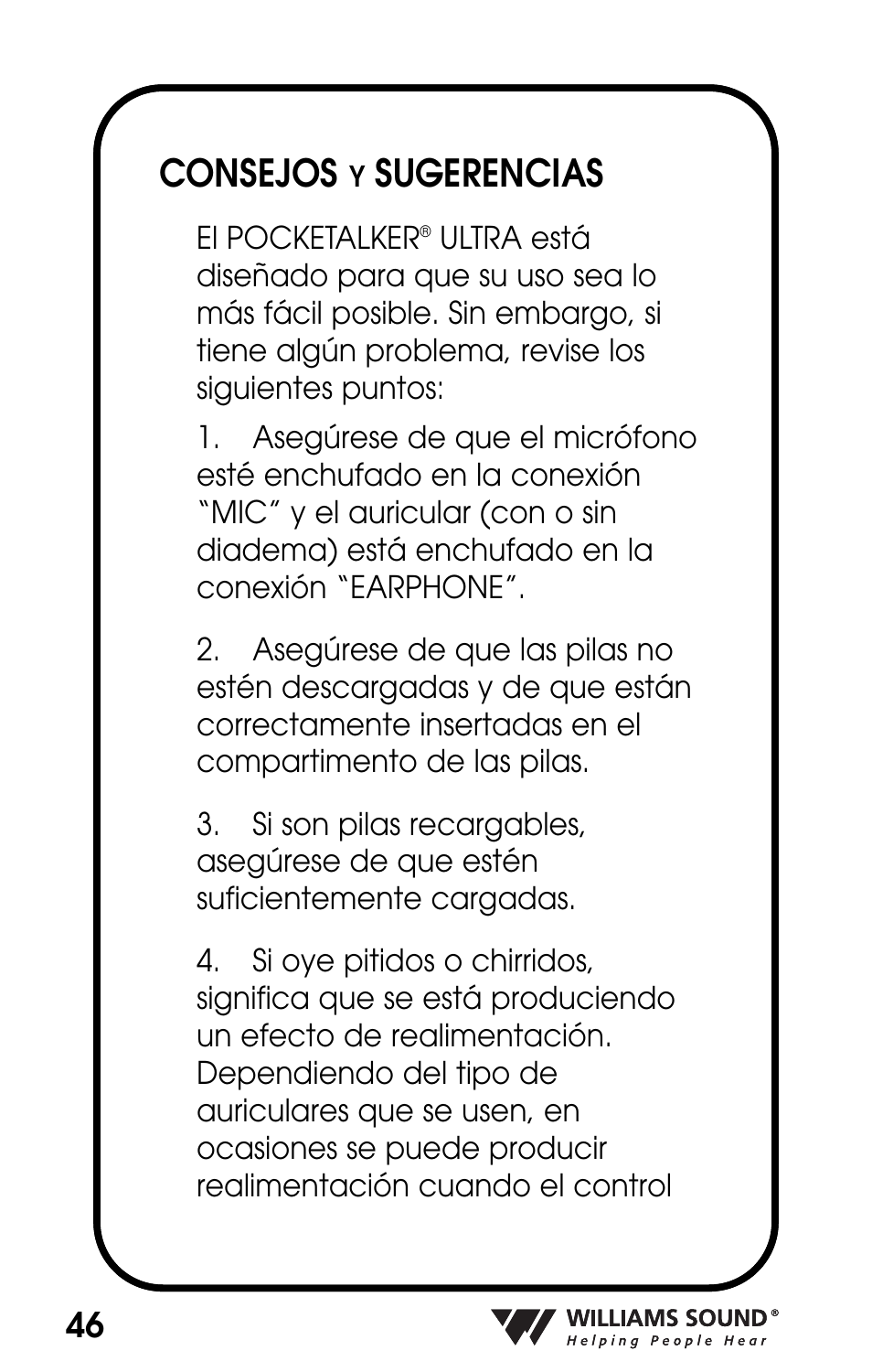 Consejos, Sugerencias | Williams Sound POCKETALKER PKT D1 User Manual | Page 46 / 80