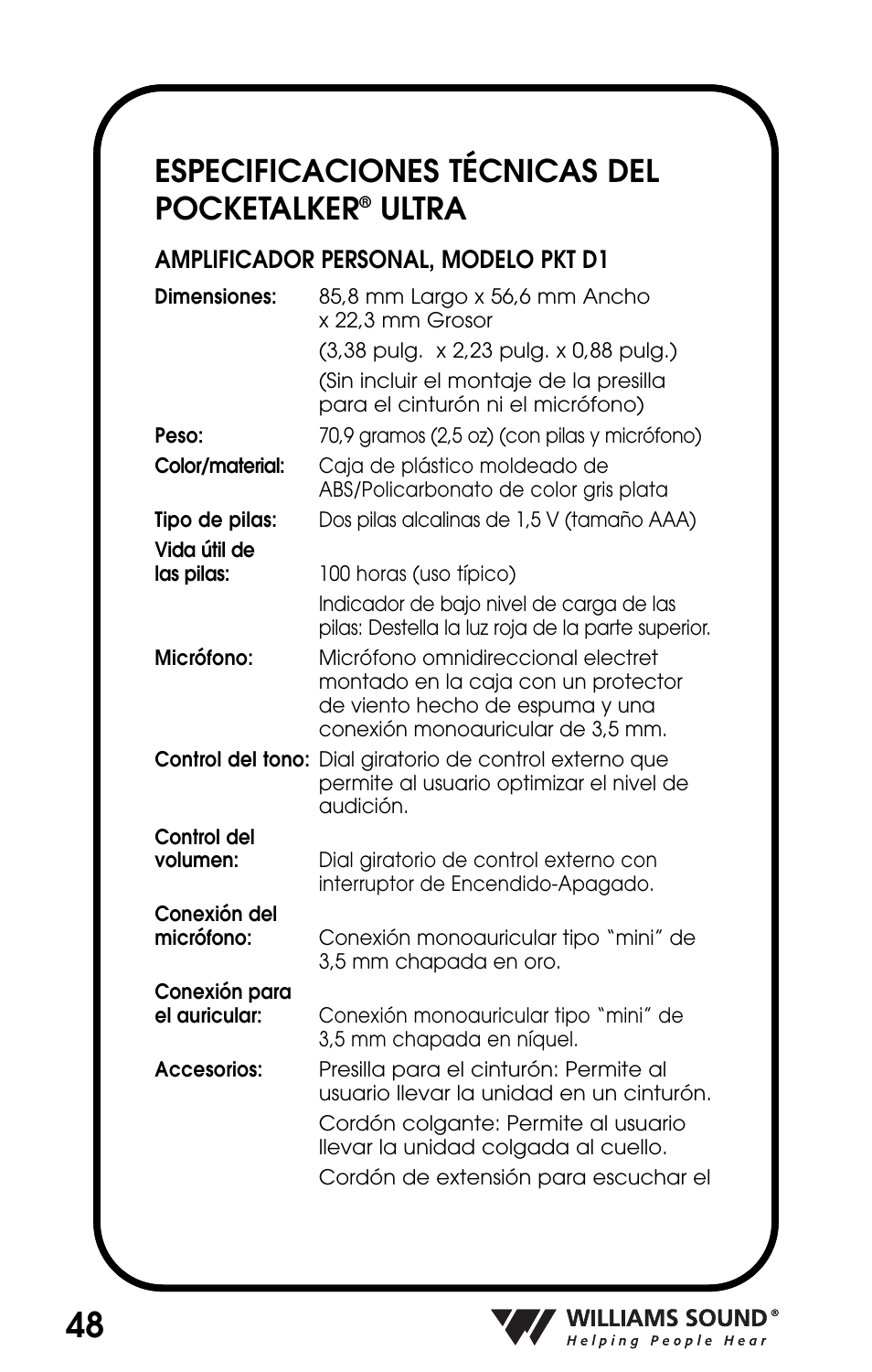 Especificaciones técnicas del pocketalker, Ultra | Williams Sound POCKETALKER PKT D1 User Manual | Page 48 / 80