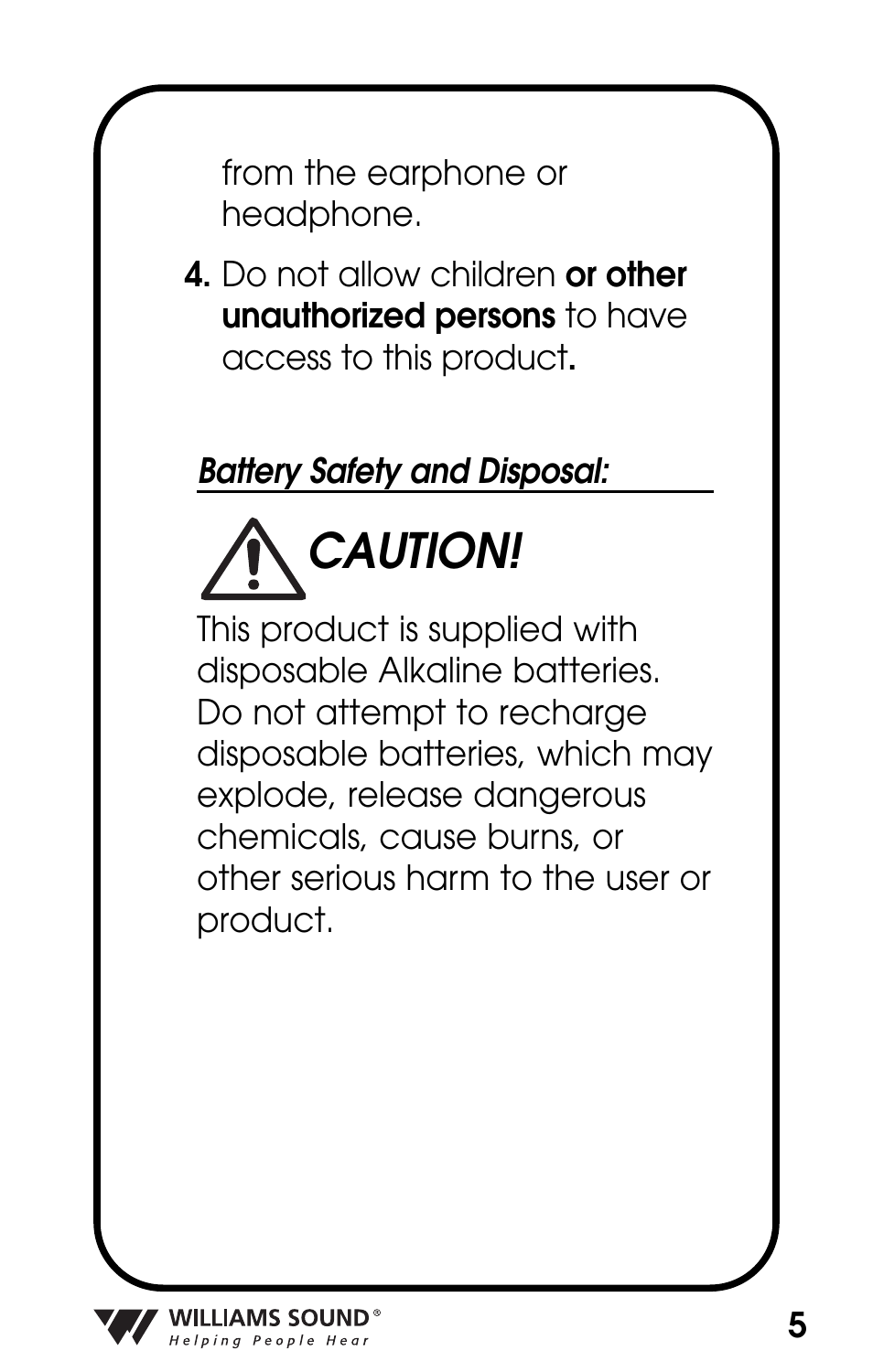 Caution | Williams Sound POCKETALKER PKT D1 User Manual | Page 5 / 80