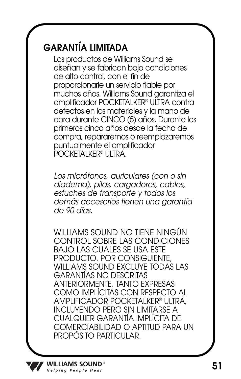 51 garantía limitada | Williams Sound POCKETALKER PKT D1 User Manual | Page 51 / 80