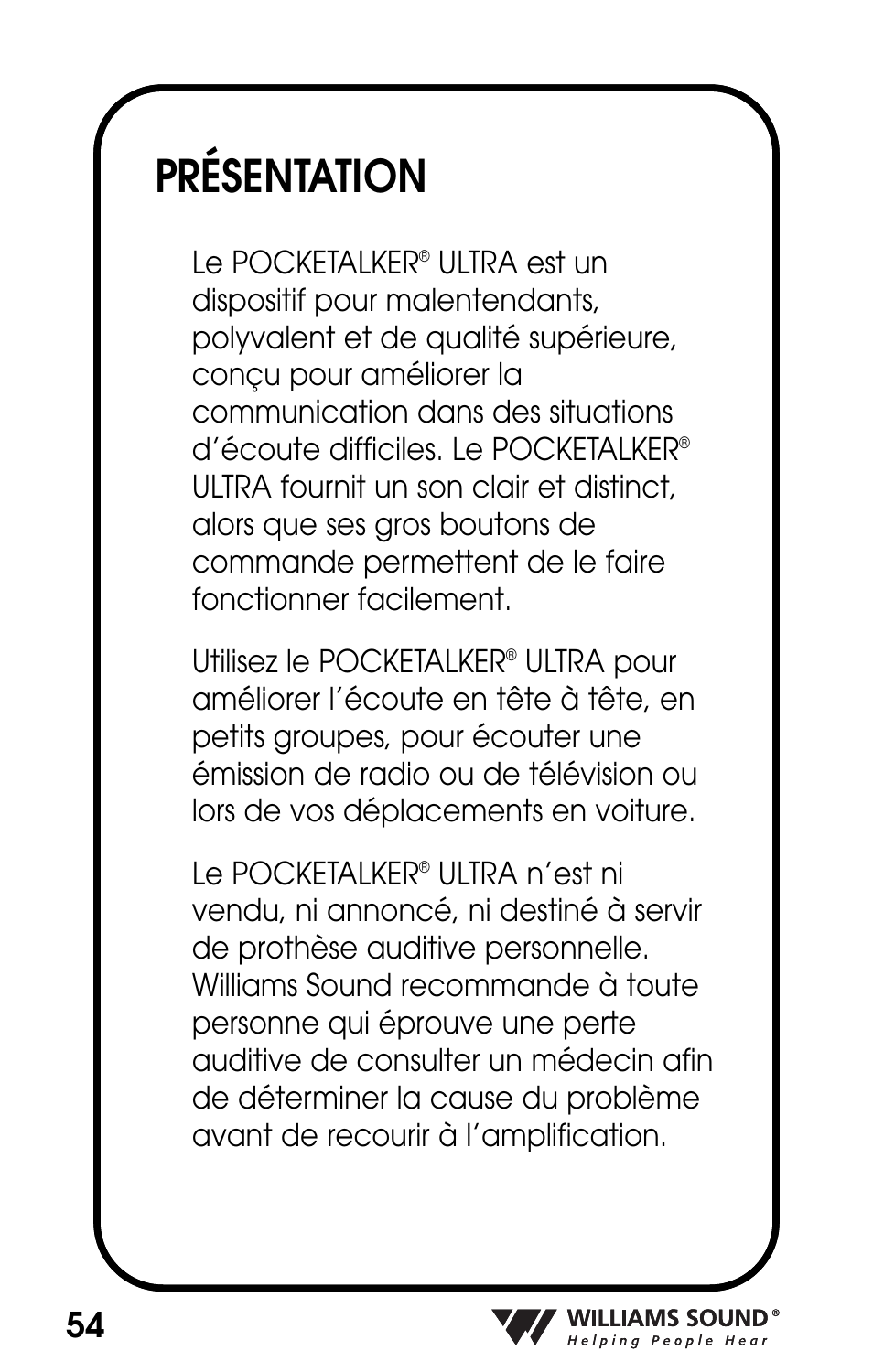 Présentation | Williams Sound POCKETALKER PKT D1 User Manual | Page 54 / 80