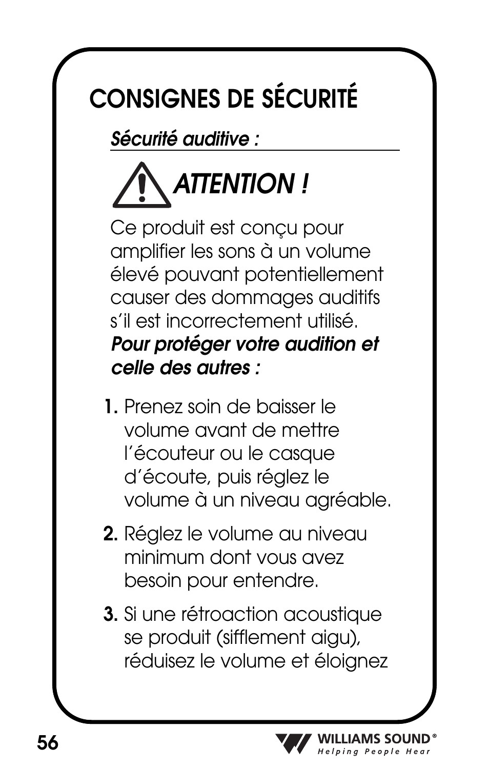 Attention, Consignes de sécurité | Williams Sound POCKETALKER PKT D1 User Manual | Page 56 / 80