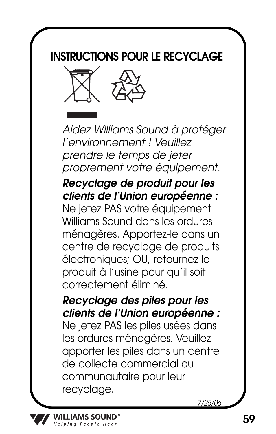 Instructions pour le recyclage | Williams Sound POCKETALKER PKT D1 User Manual | Page 59 / 80