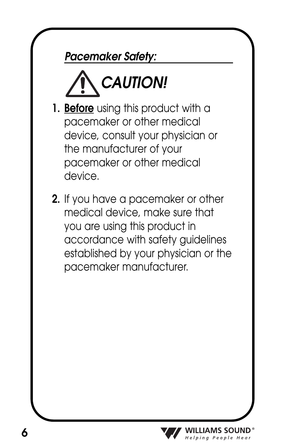 Caution | Williams Sound POCKETALKER PKT D1 User Manual | Page 6 / 80
