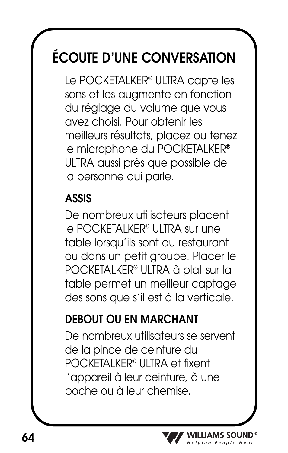 Écoute d’une conversation | Williams Sound POCKETALKER PKT D1 User Manual | Page 64 / 80