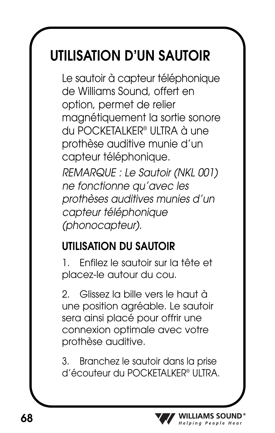 Utilisation d’un sautoir | Williams Sound POCKETALKER PKT D1 User Manual | Page 68 / 80