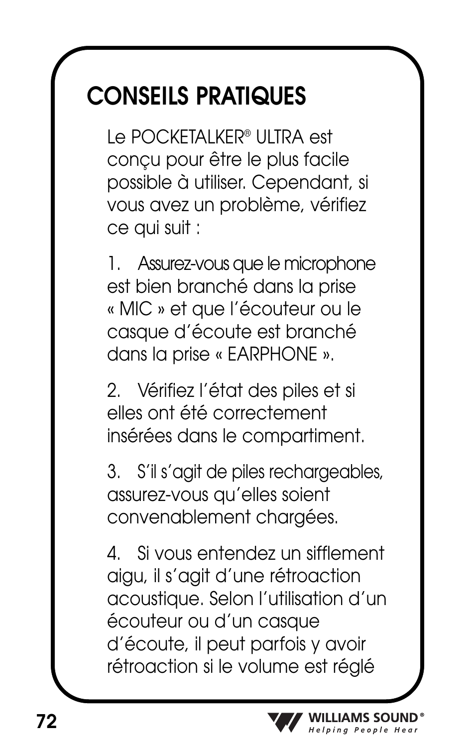 Conseils pratiques | Williams Sound POCKETALKER PKT D1 User Manual | Page 72 / 80