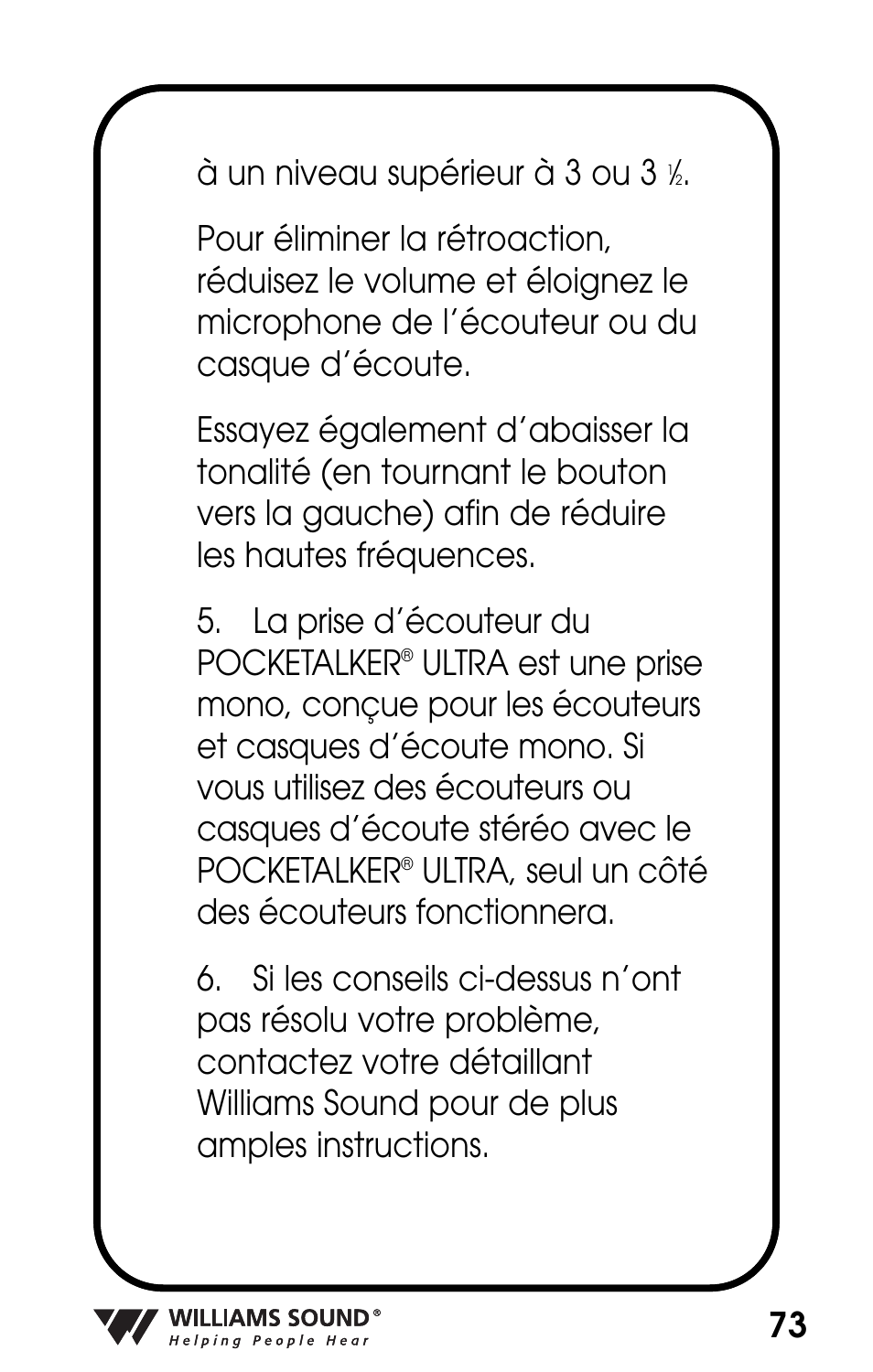 73 à un niveau supérieur à 3 ou 3 | Williams Sound POCKETALKER PKT D1 User Manual | Page 73 / 80