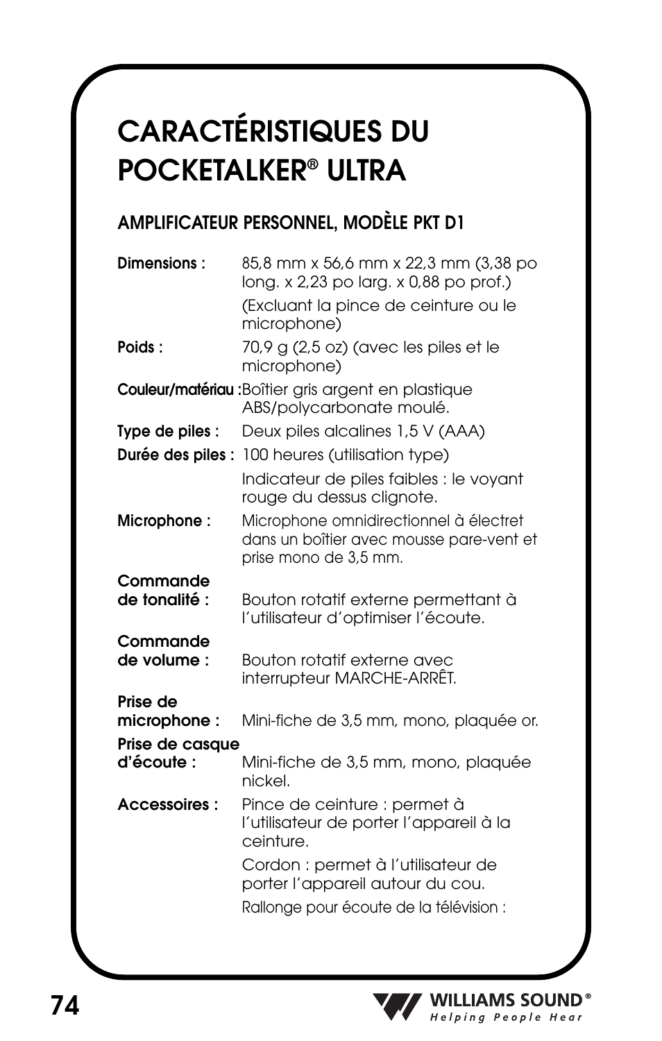 Caractéristiques du pocketalker, Ultra | Williams Sound POCKETALKER PKT D1 User Manual | Page 74 / 80