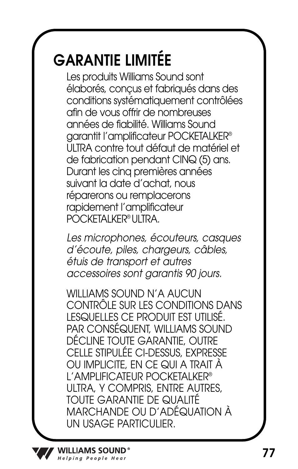 Garantie limitée | Williams Sound POCKETALKER PKT D1 User Manual | Page 77 / 80