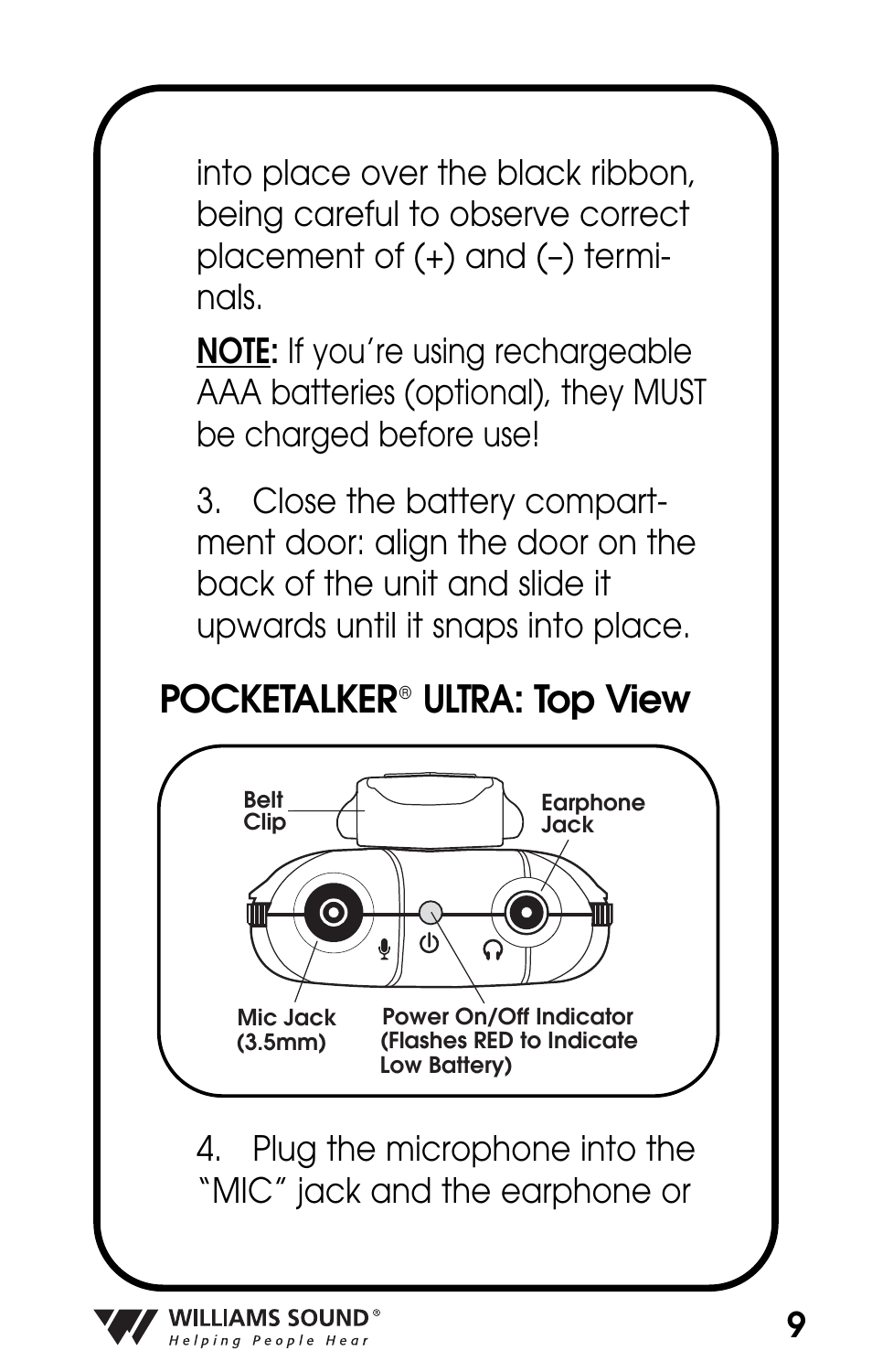 Pocketalker, Ultra: top view | Williams Sound POCKETALKER PKT D1 User Manual | Page 9 / 80
