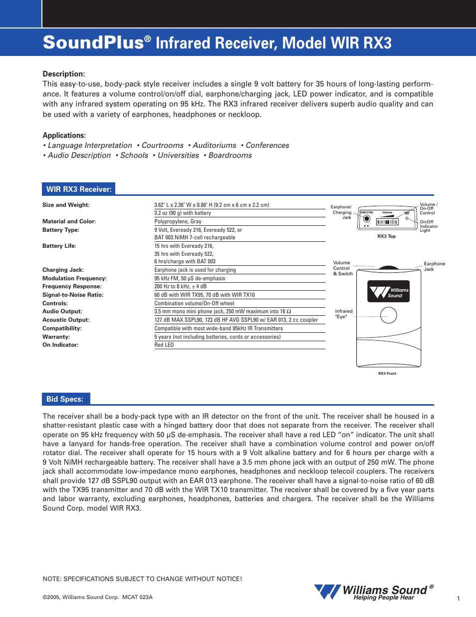 Williams Sound SoundPlus Infrared Receiver WIR RX3 User Manual | 2 pages