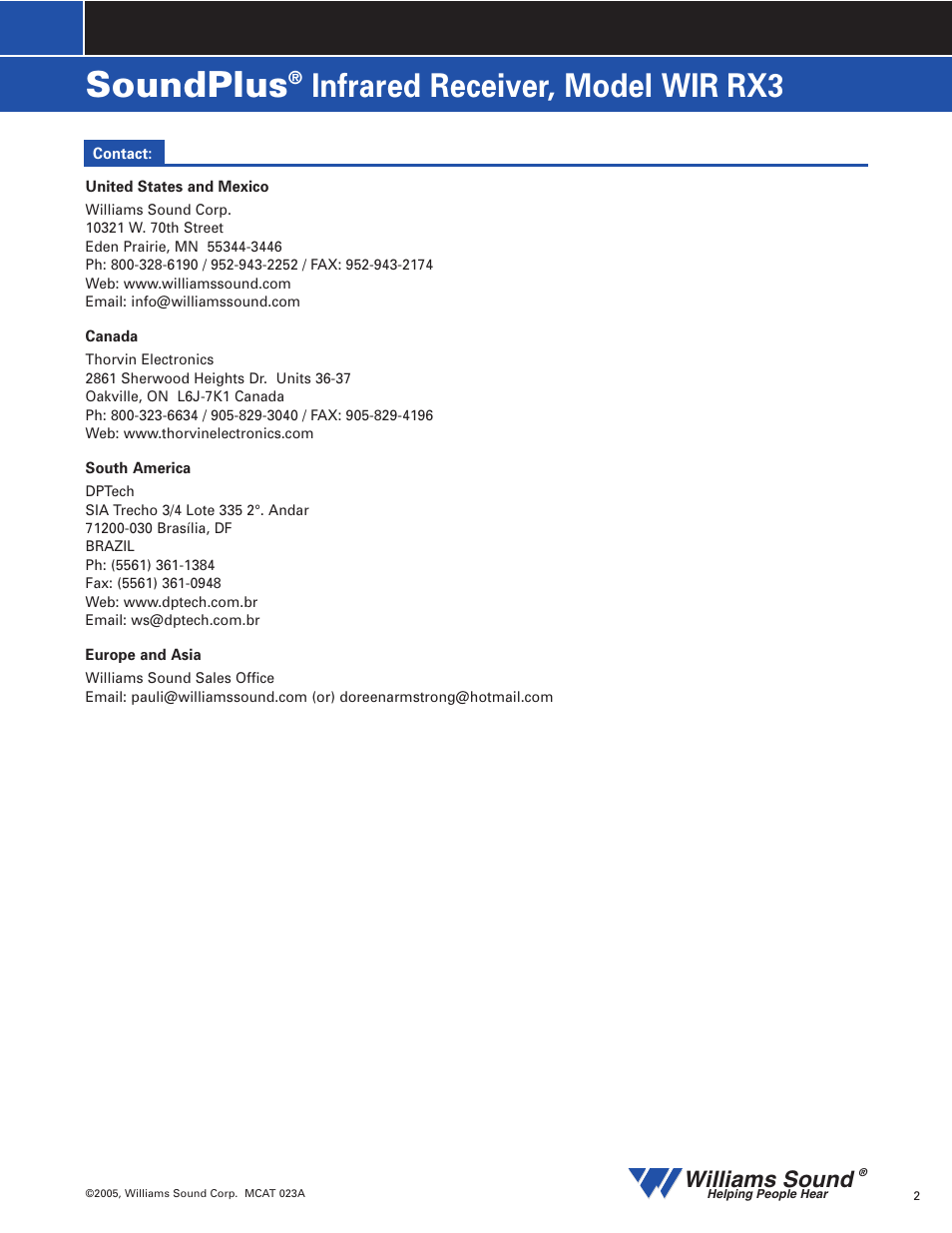 Soundplus, Infrared receiver, model wir rx3, Williams sound | Williams Sound SoundPlus Infrared Receiver WIR RX3 User Manual | Page 2 / 2