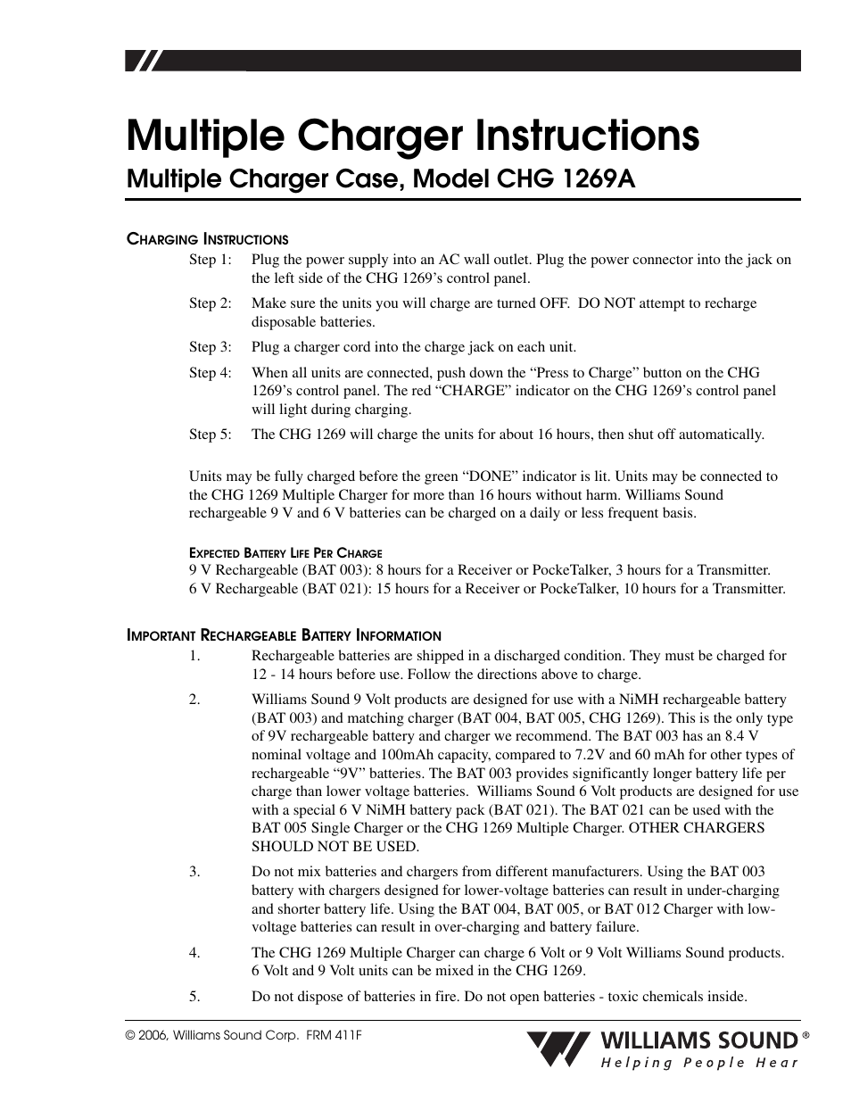 Williams Sound Multiple Charger CHG 1269A User Manual | 2 pages